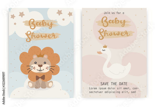 Set of cute Lion, swan. happy birthday party invitation card design, baby shower invitation card design template.