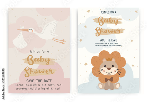 Set of cute Lion, Seagull. happy birthday party invitation card design, baby shower invitation card design template.