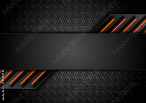 Futuristic perforated technology abstract background with orange neon glowing lines. Vector concept design