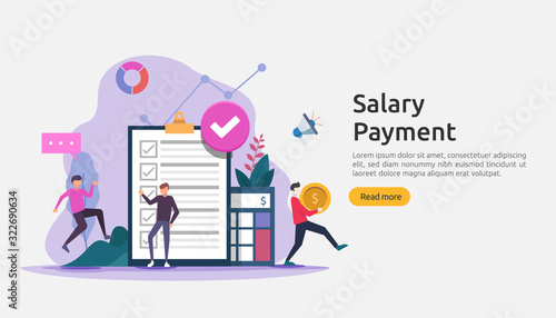 Payroll income concept. salary payment annual bonus. payout with paper, calculator, and people character. web landing page template, banner, presentation, social, and print media. Vector illustration