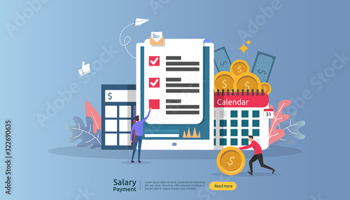 Payroll income concept. salary payment annual bonus. payout with paper, calculator, and people character. web landing page template, banner, presentation, social, and print media. Vector illustration