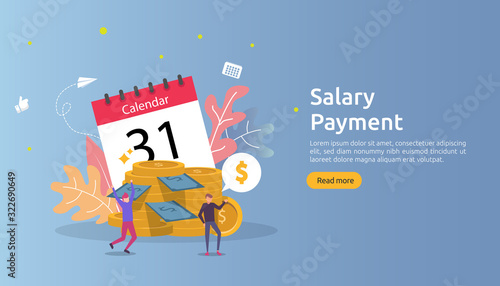 Payroll income concept. salary payment annual bonus. payout with paper, calculator, and people character. web landing page template, banner, presentation, social, and print media. Vector illustration