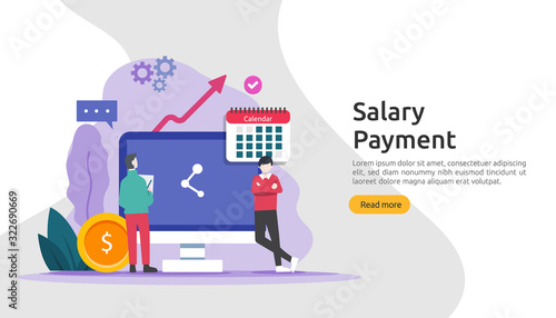 Payroll income concept. salary payment annual bonus. payout with paper, calculator, and people character. web landing page template, banner, presentation, social, and print media. Vector illustration
