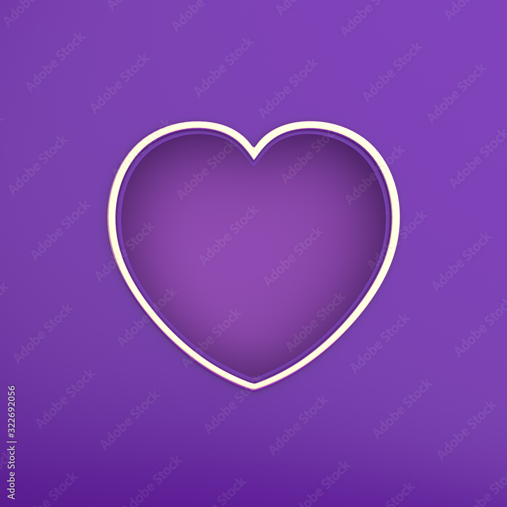 Happy Valentines Day, violet purple gold window frame heart shape paper cut background. Greeting card, flat lay, banner, top view, mock up, template, layout, copy space text area. 3D illustration.