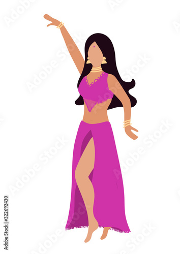 Vector illustration with a young beautiful brunette who performs belly dance in a traditional costume with decorations. Pink dress and elegant pose. Design or poster for a party, oriental dance school