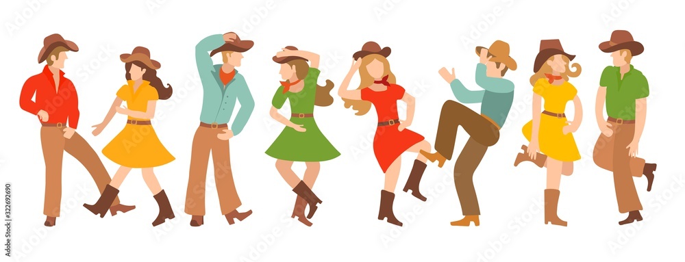 Collection of vector illustrations with pairs of country dancers. Blondites in colorful traditional clothes dance in the American style. Design for cowboy party
