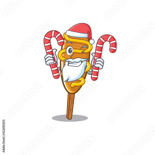 Corn dog Cartoon character wearing Santa costume bringing a candy photo