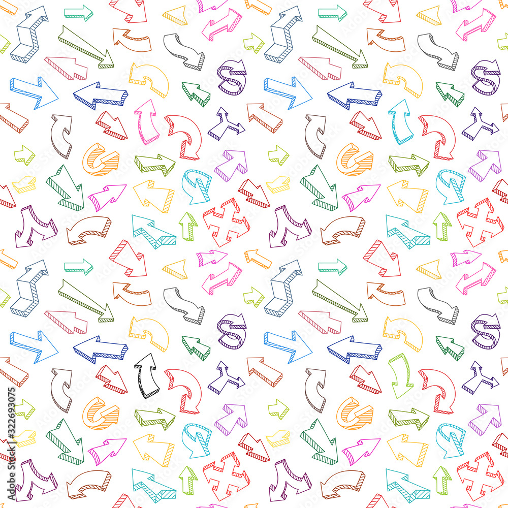 Arrow set sketch multicolored seamless pattern . Arrows set collection kit. Hand draw line color background. Vector outline contour.