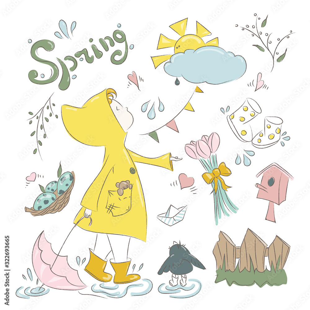Obraz premium Girl with pink umbrella in yellow raincoat