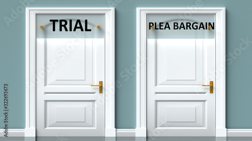 Wallpaper Mural Trial and plea bargain as a choice - pictured as words Trial, plea bargain on doors to show that Trial and plea bargain are opposite options while making decision, 3d illustration Torontodigital.ca