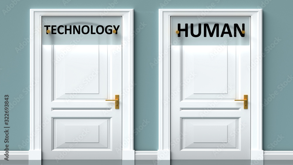 Technology and human as a choice - pictured as words Technology, human on doors to show that Technology and human are opposite options while making decision, 3d illustration Technology and human as a choice - pictured as words Technology, human on doors to show that Technology and human are opposite options while making decision, 3d illustration