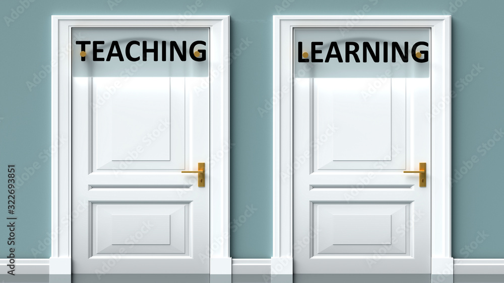 Teaching and learning as a choice - pictured as words Teaching, learning on doors to show that Teaching and learning are opposite options while making decision, 3d illustration Teaching and learning as a choice - pictured as words Teaching, learning on doors to show that Teaching and learning are opposite options while making decision, 3d illustration