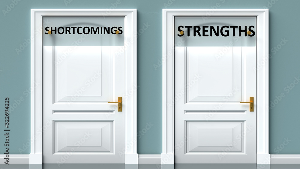 Shortcomings and strengths as a choice - pictured as words Shortcomings, strengths on doors to show that Shortcomings and strengths are opposite options while making decision, 3d illustration Shortcomings and strengths as a choice - pictured as words Shortcomings, strengths on doors to show that Shortcomings and strengths are opposite options while making decision, 3d illustration