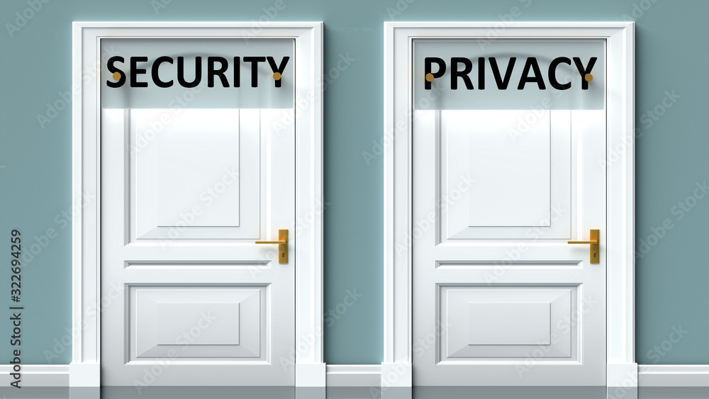 Security and privacy as a choice - pictured as words Security, privacy on doors to show that Security and privacy are opposite options while making decision, 3d illustration Security and privacy as a choice - pictured as words Security, privacy on doors to show that Security and privacy are opposite options while making decision, 3d illustration