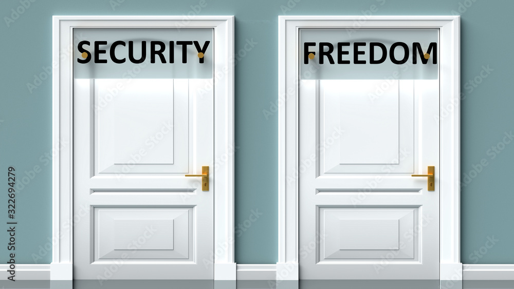 Security and freedom as a choice - pictured as words Security, freedom on doors to show that Security and freedom are opposite options while making decision, 3d illustration Security and freedom as a choice - pictured as words Security, freedom on doors to show that Security and freedom are opposite options while making decision, 3d illustration
