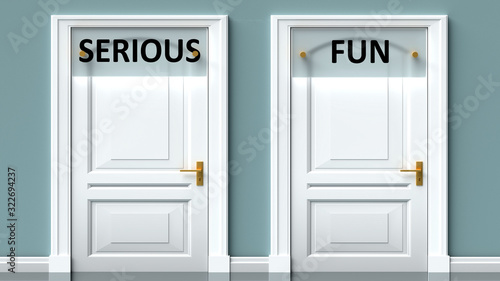 Serious and fun as a choice - pictured as words Serious, fun on doors to show that Serious and fun are opposite options while making decision, 3d illustration