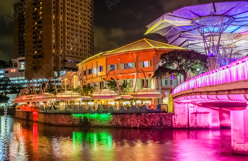 The past and the future. Night view to Clarke Quay. Singapore