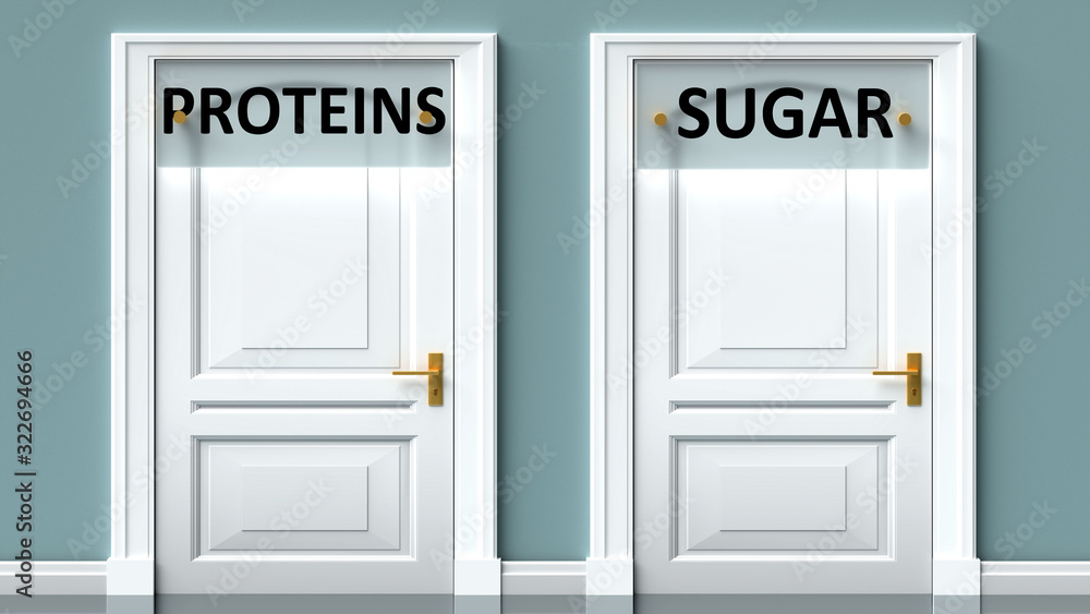 Proteins and sugar as a choice - pictured as words Proteins, sugar on doors to show that Proteins and sugar are opposite options while making decision, 3d illustration Proteins and sugar as a choice - pictured as words Proteins, sugar on doors to show that Proteins and sugar are opposite options while making decision, 3d illustration