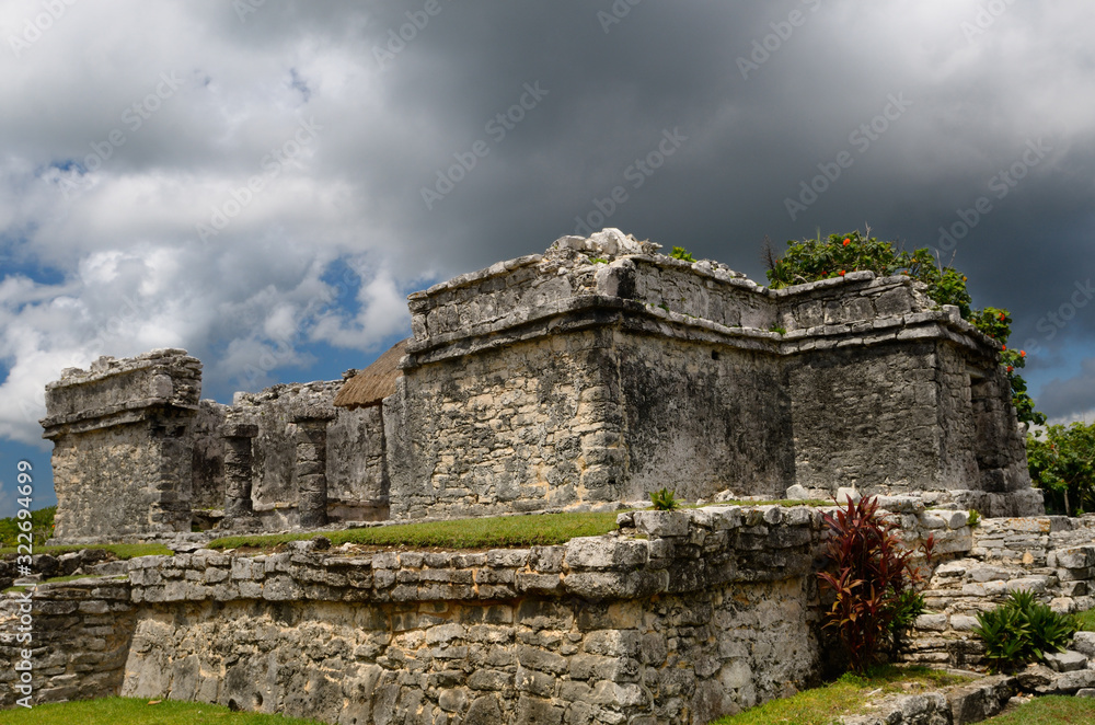 Resevoir house ruin at Tulum Mexico with storm cloud