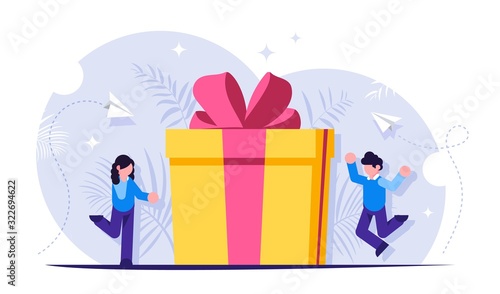 Loyalty program is a concept. Man and a woman receive a gift for using the services. Gift box with a bow. Vector isolated illustration.