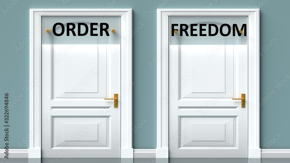 Order and freedom as a choice - pictured as words Order, freedom on doors to show that Order and freedom are opposite options while making decision, 3d illustration Order and freedom as a choice - pictured as words Order, freedom on doors to show that Order and freedom are opposite options while making decision, 3d illustration