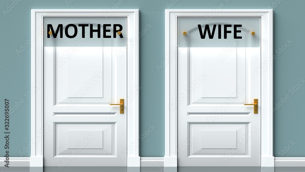 Mother and wife as a choice - pictured as words Mother, wife on doors to show that Mother and wife are opposite options while making decision, 3d illustration Mother and wife as a choice - pictured as words Mother, wife on doors to show that Mother and wife are opposite options while making decision, 3d illustration