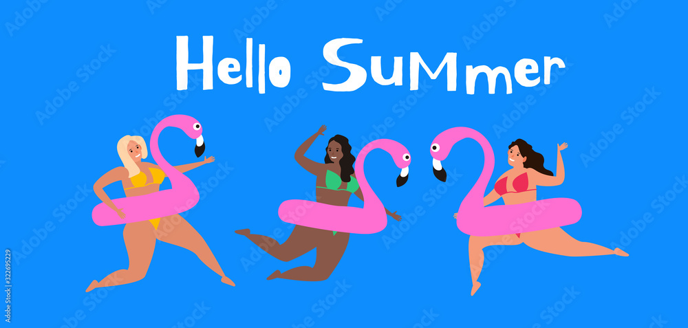 hello summer pretty women in swimsuits with inflatable flamingo vector illustration hello summer pretty women in swimsuits with inflatable flamingo vector illustration