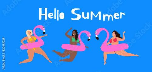 hello summer pretty women in swimsuits with inflatable flamingo vector illustration