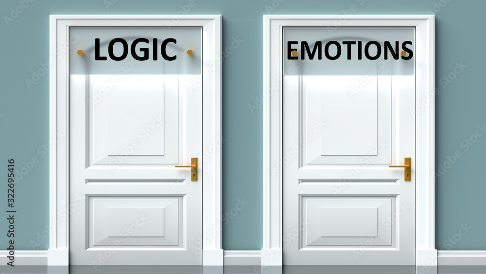 Logic and emotions as a choice - pictured as words Logic, emotions on doors to show that Logic and emotions are opposite options while making decision, 3d illustration
