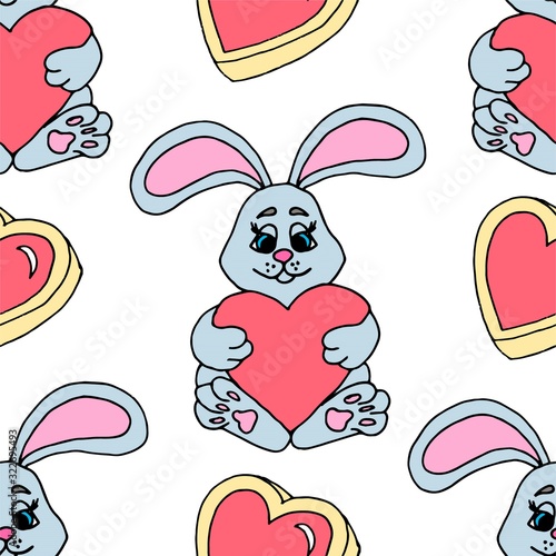 Valentine's day seamless pattern with hearts and a bunny.. Beautiful greeting card with valentines day seamless pattern. Red heart valentine love logo vector. Holiday background.Vector illustration