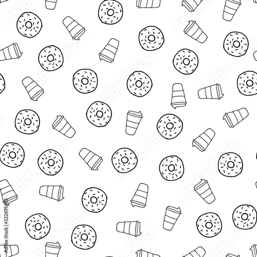 Doodle cups of coffee and donuts. Vector illustration. Takeout beverage. Seamless pattern background. Wrapping paper.