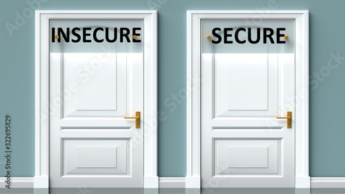 Photos Insecure and secure as a choice - pictured as words Insecure, secure on doors to