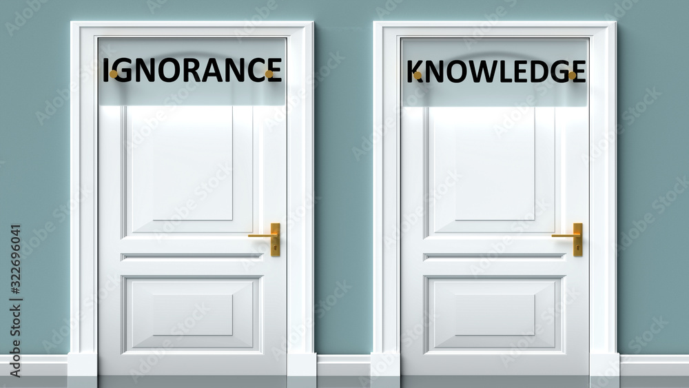 Ignorance and knowledge as a choice - pictured as words Ignorance, knowledge on doors to show that Ignorance and knowledge are opposite options while making decision, 3d illustration Ignorance and knowledge as a choice - pictured as words Ignorance, knowledge on doors to show that Ignorance and knowledge are opposite options while making decision, 3d illustration