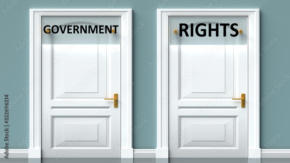Government and rights as a choice - pictured as words Government, rights on doors to show that Government and rights are opposite options while making decision, 3d illustration Government and rights as a choice - pictured as words Government, rights on doors to show that Government and rights are opposite options while making decision, 3d illustration