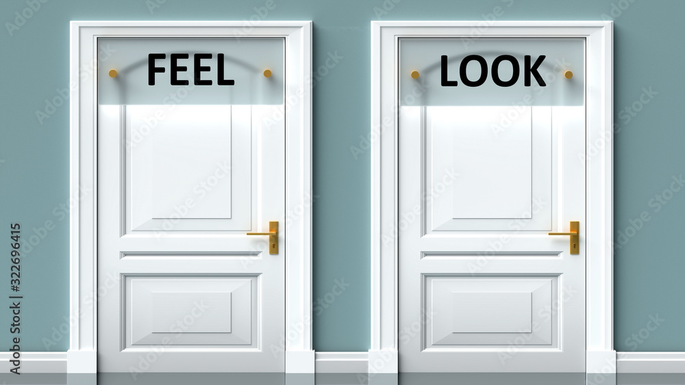 Feel and look as a choice - pictured as words Feel, look on doors to show that Feel and look are opposite options while making decision, 3d illustration Feel and look as a choice - pictured as words Feel, look on doors to show that Feel and look are opposite options while making decision, 3d illustration