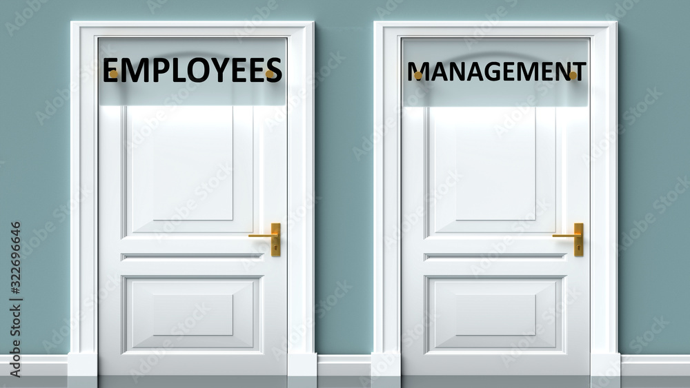 Employees and management as a choice - pictured as words Employees, management on doors to show that Employees and management are opposite options while making decision, 3d illustration Employees and management as a choice - pictured as words Employees, management on doors to show that Employees and management are opposite options while making decision, 3d illustration