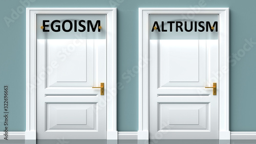 Egoism and altruism as a choice - pictured as words Egoism, altruism on doors to show that Egoism and altruism are opposite options while making decision, 3d illustration photo