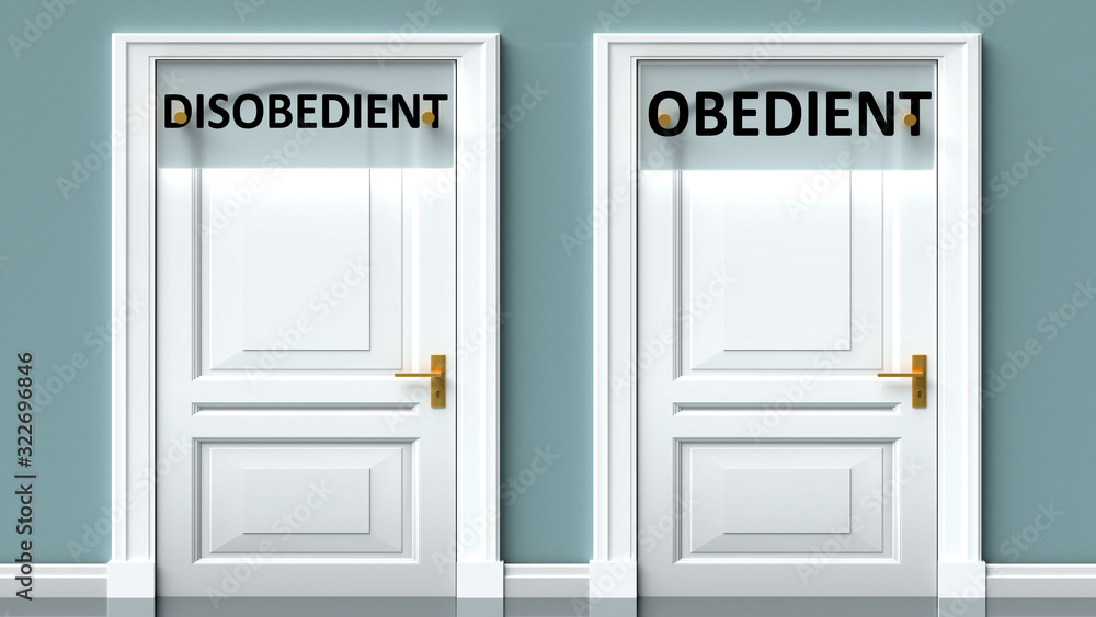 Disobedient and obedient as a choice - pictured as words Disobedient, obedient on doors to show that Disobedient and obedient are opposite options while making decision, 3d illustration Disobedient and obedient as a choice - pictured as words Disobedient, obedient on doors to show that Disobedient and obedient are opposite options while making decision, 3d illustration