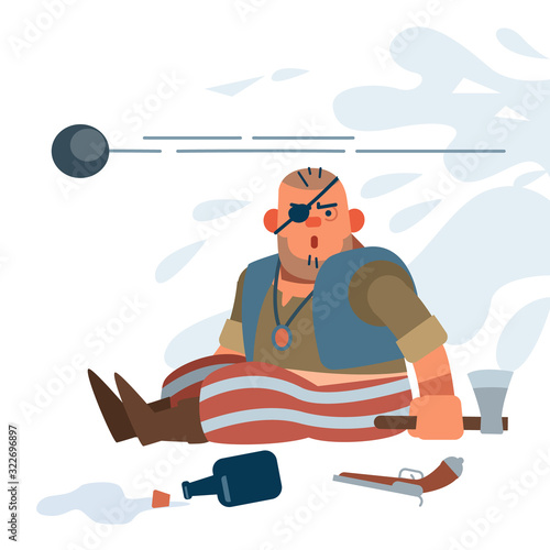 The muscular Little pirate-robber is shell-shocked in battle by the roar of the Royal guard guns. Vector illustration of flat cartoon on white background.