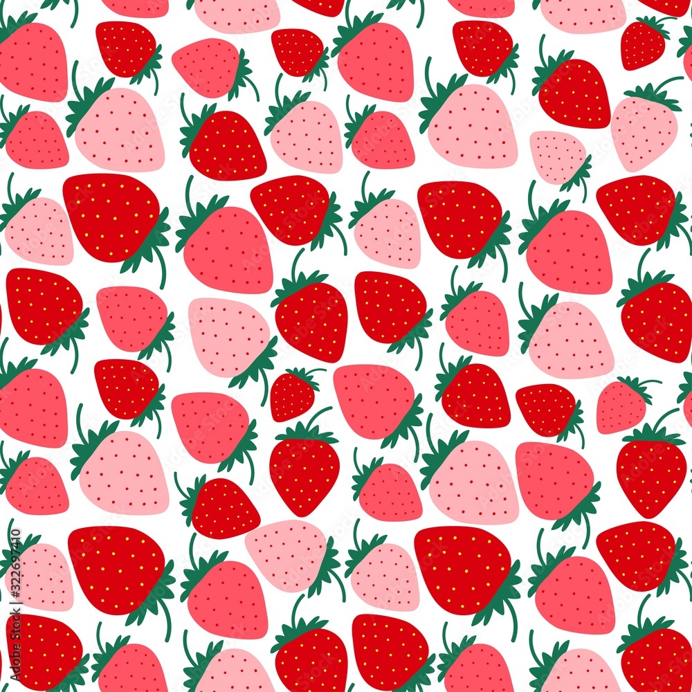 Strawberry pattern. Seamless repeated fruit design. Red berry background. Flat cartoon style. Great for kitchen, tablewear, fabric, textile. Vector Strawberry pattern. Seamless repeated fruit design. Red berry background. Flat cartoon style. Great for kitchen, tablewear, fabric, textile. Vector