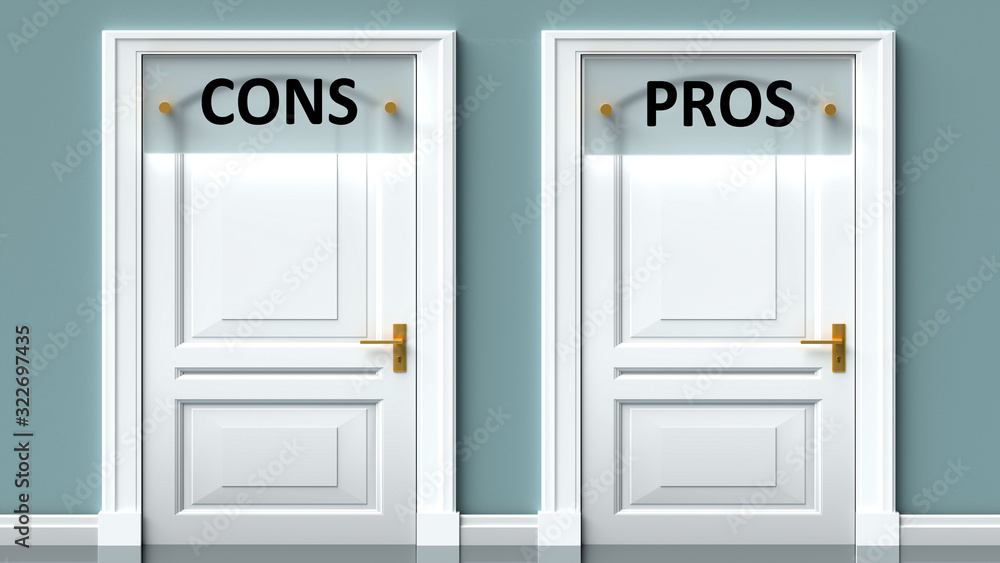 Cons and pros as a choice - pictured as words Cons, pros on doors to show that Cons and pros are opposite options while making decision, 3d illustration Cons and pros as a choice - pictured as words Cons, pros on doors to show that Cons and pros are opposite options while making decision, 3d illustration