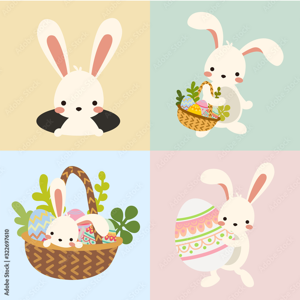 Fototapeta premium Set of cute kawaii cartoon flat vector easter white bunny, rabbit with decorative eggs, basket and spring flowers