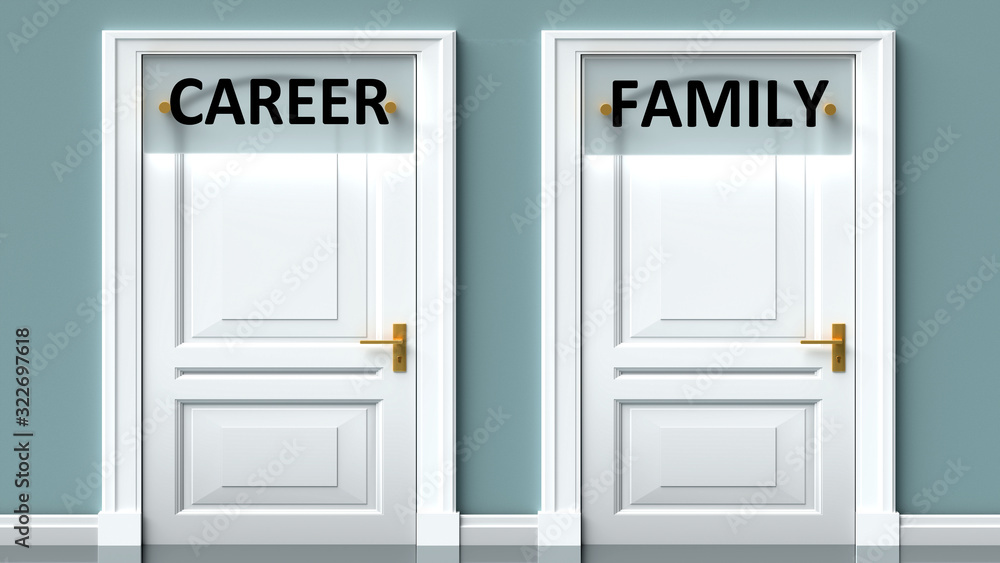 Career and family as a choice - pictured as words Career, family on doors to show that Career and family are opposite options while making decision, 3d illustration