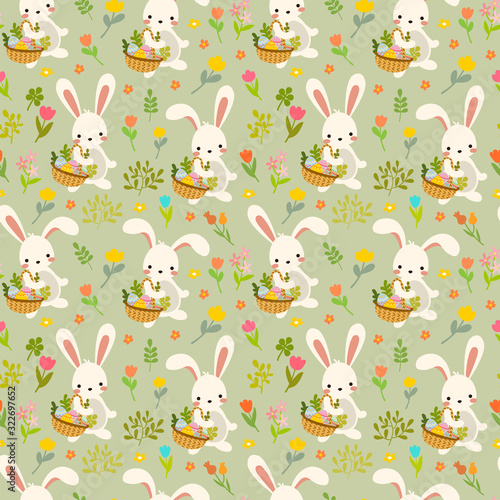 Seamless easter pattern with white bunny, rabbit with basket, decorative ornamental eggs and spring bright flowers. green background