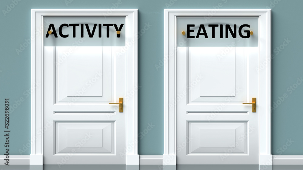Activity and eating as a choice - pictured as words Activity, eating on doors to show that Activity and eating are opposite options while making decision, 3d illustration Activity and eating as a choice - pictured as words Activity, eating on doors to show that Activity and eating are opposite options while making decision, 3d illustration