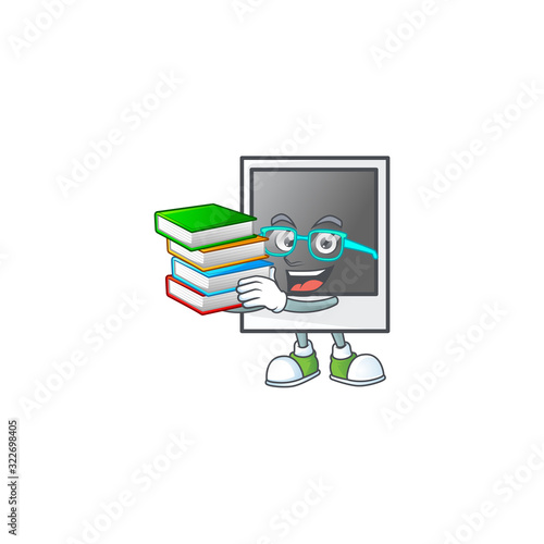 A brainy clever cartoon character of empty polaroid photo frame studying with some books