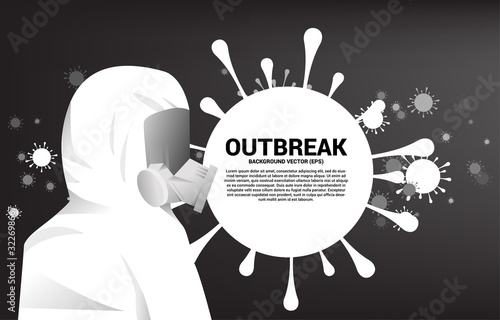 White Hazmat suit with full mask and virus particle background. Concept for biochemical hazard and virus protection situation
