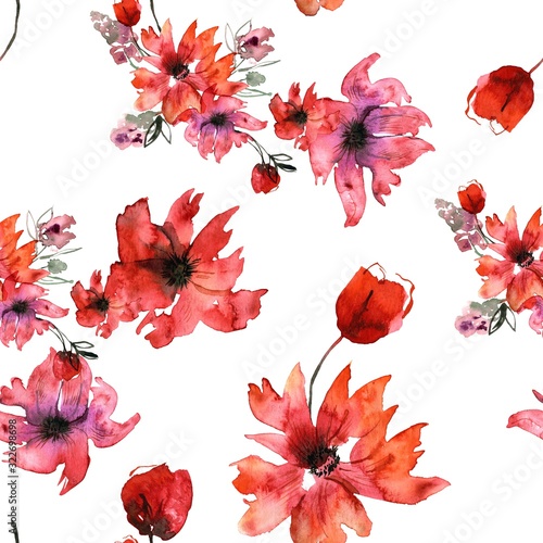 Seamless pattern with watercolor flowers. Hand painted background