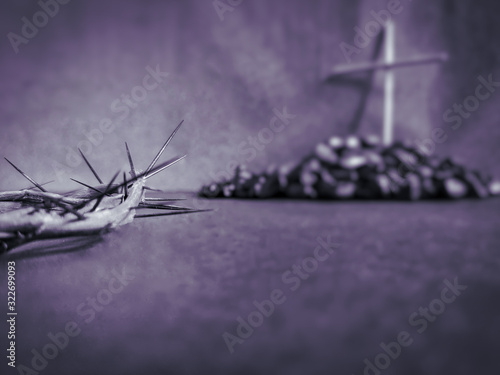 Lent Season,Holy Week and Good Friday concepts - the half image of crown of thorns in purple vintage background photo