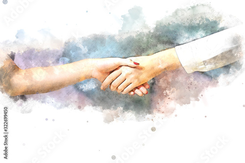 Abstract colorful Join hands business partner concept and handshake agreement concept on watercolor painting background...